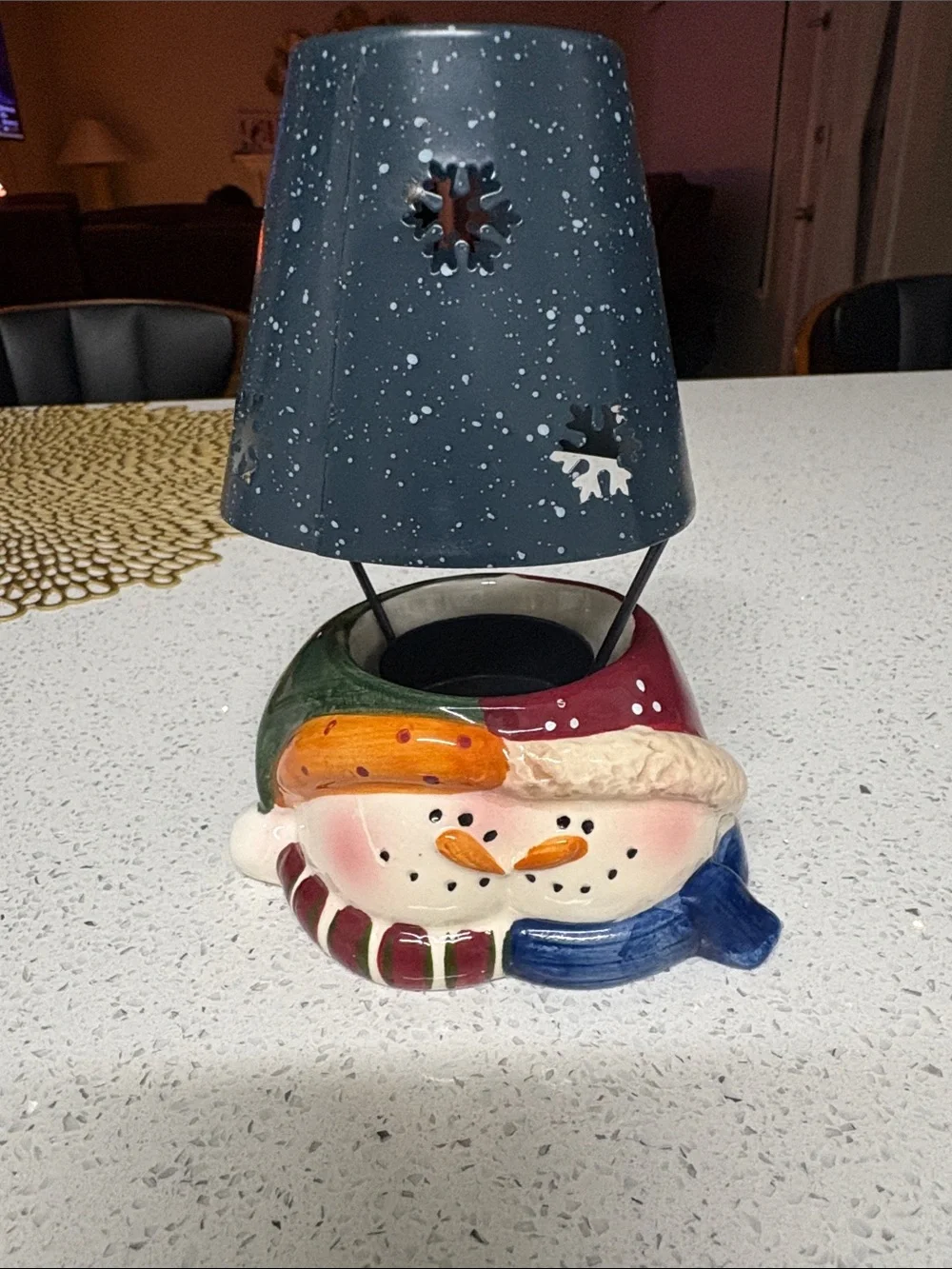 Holiday Snowman Ceramic Tea Light Holder with Navy Metal Shade